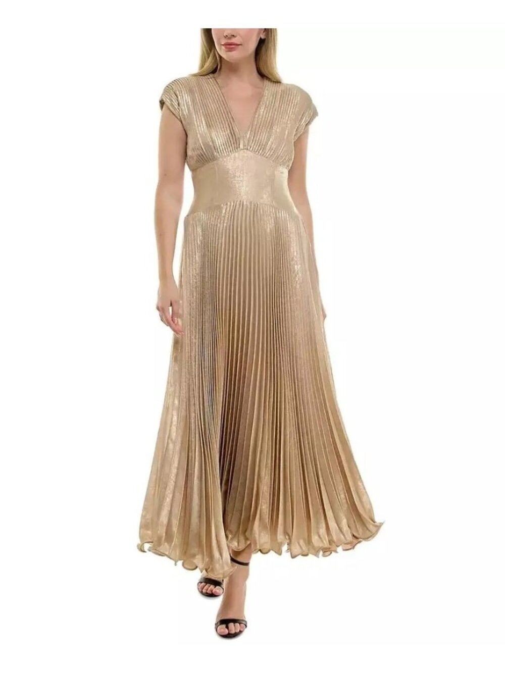 Taylor Women's Gold Metallic V-Neck Cap-Sleeve Pleated Dress Size 8